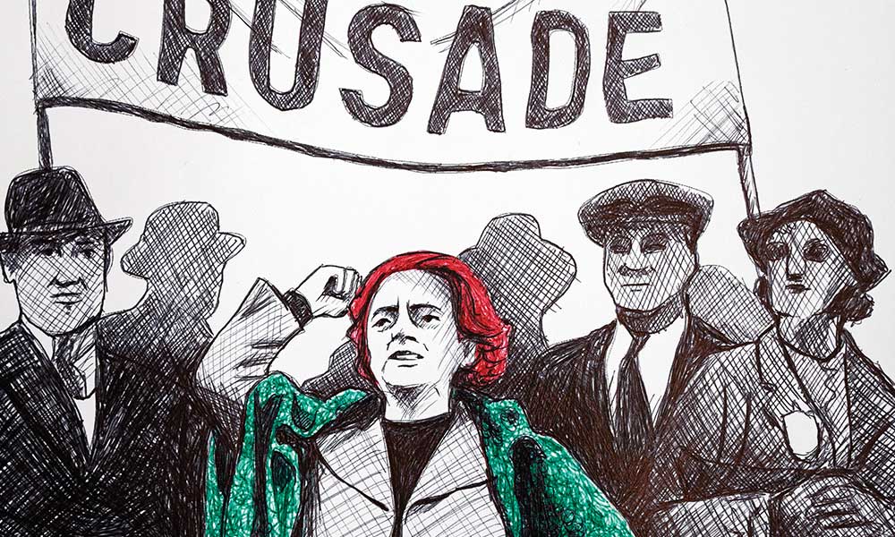 Hand-drawn illustration of Ellen Wilkinson, leading a march with a large banner behind her, with the words 'Jarrow Crusade' in bold letters.